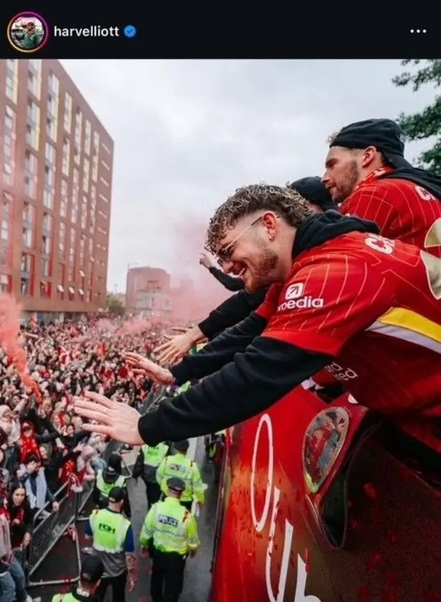 Instagram post from Harvey Elliot at the Liverpool FC title parade