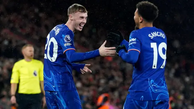 Cole Palmer and Jadon Sancho celebrate a Chelsea goal