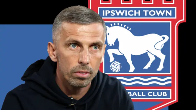 A graphic of Gary O'Neil in front of a blue and black background and the Ipswich Town club badge