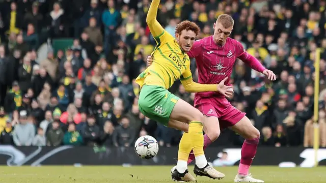 Josh Sargent battles with Jay Fulton during Swansea's 2-2 draw at Norwich last season