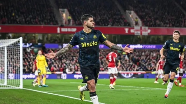 Bruno Guimaraes of Newcastle United (39) celebrates after scoring the opening goal during the Premier League match between Nottingham Forest and Newcastle United at City Ground