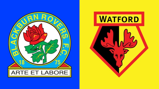 The club badges of Blackburn Rovers and Watford side by side
