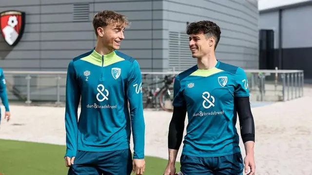 Dean Huijsen with Kepa Arrizabalaga of Bournemouth during a training session at Canford Performance Centre on April 22, 2025 in Wimborne Minster, England. 