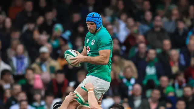 Tadhg Beirne rises to claim the ball for Ireland. 