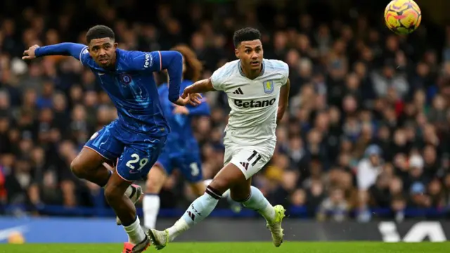 Ollie Watkins vies for the ball