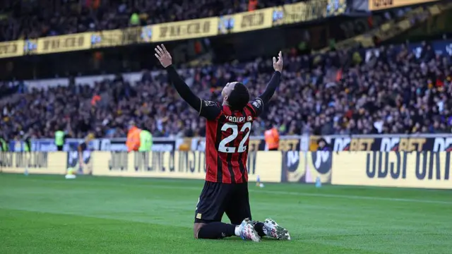 Eli Junior Kroupi celebrates scoring against Wolves