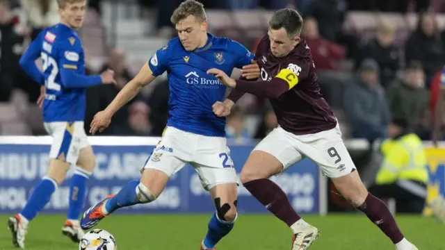 St Johnstone's Sven Sprangler (L) and Hearts' Lawrence Shankland