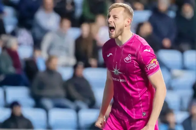 Harry Darling celebrates Swansea's late equaliser at Coventry last month