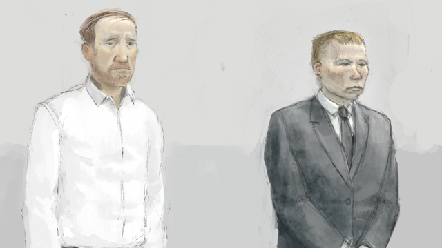 Sketch of the two defendants. Graham on the left has a white shirt, short fair hair and a ginger beard, Carruthers on the right has short fair hair, is clean shaven and wearing a black suit jacket and tie with a white shirt