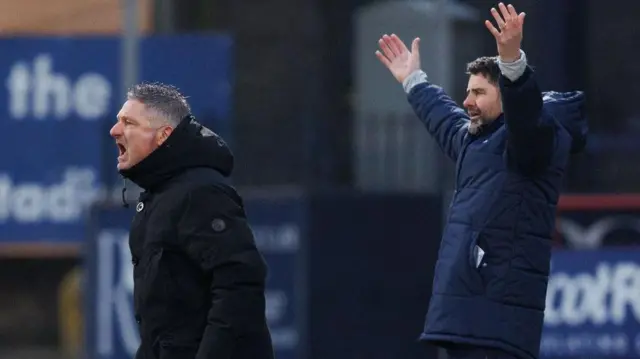 Dundee manager Tony Docherty (L) and assistant manager Stuart Taylor during a William Hill Premiership match between Dundee and Aberdeen at the Scot Foam Stadium at Dens Park