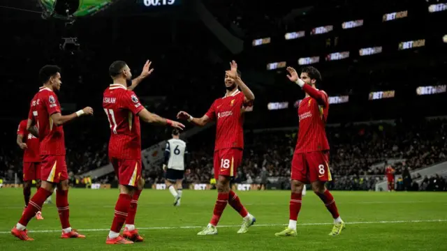 Mohamed Salah of Liverpool celebrate with Luis Diaz, Cody Gakpo, Dominik Szoboszlai