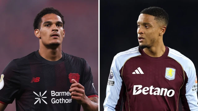 Bayer Leverkusen's Jarell Quansah and Aston Villa's Ezri Konsa