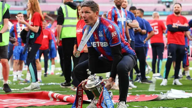 Oliver Glasner with the FA Cup trophy at Wembley