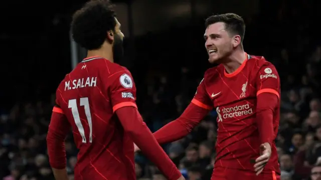 Mohamed Salah celebrates with Andy Robertson