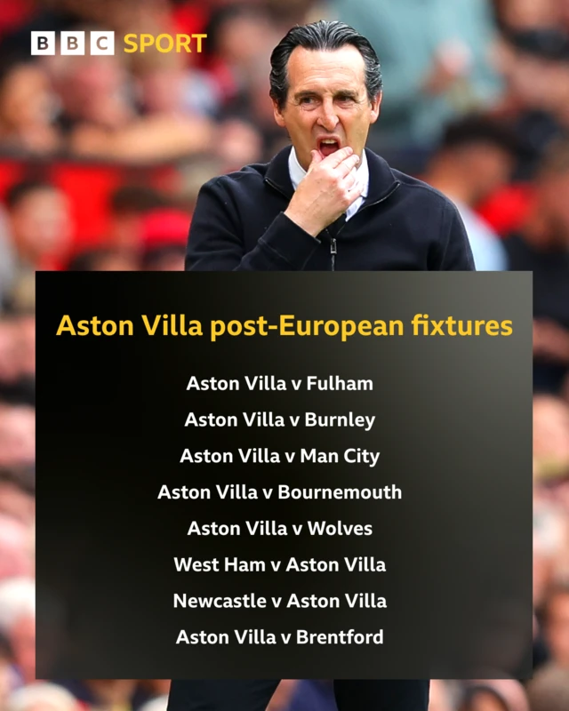Graphic showing Aston Villa's fixtures after Europa League matches in 2025-26:
Aston Villa v Fulham
Aston Villa v Burnley
Aston Villa v Man City
Aston Villa v Bournemouth
Aston Villa v Wolves
West Ham v Aston Villa
Newcastle v Aston Villa
Aston Villa v Brentford