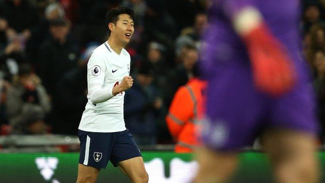 Son Heung-min celebrates scoring for Tottenham against Stoke