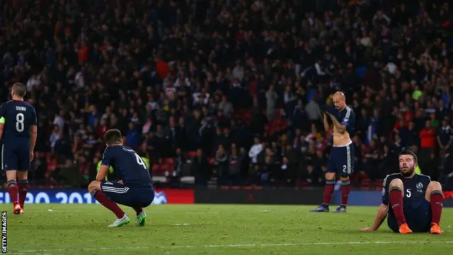 Scotland players react to missing out on a Euro 2016 play-off place following the draw with Poland