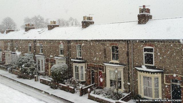 Snow falls on a residential street