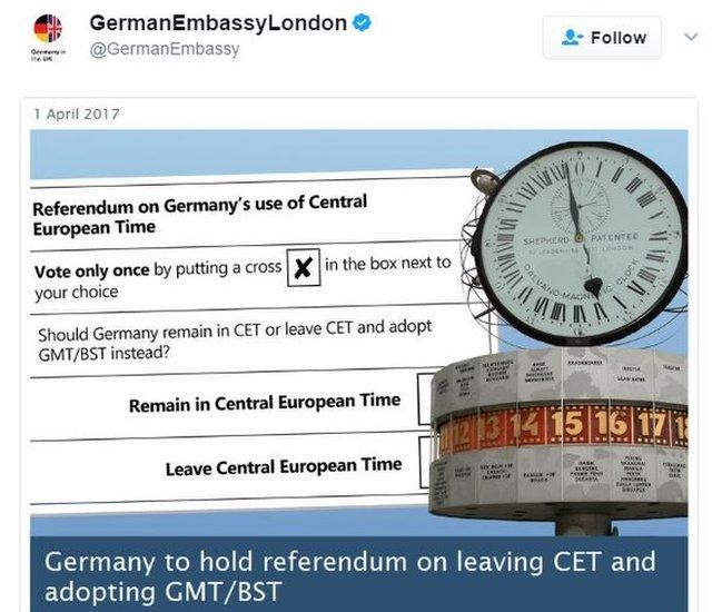 An April 1st joke tweet from the German embassy in London