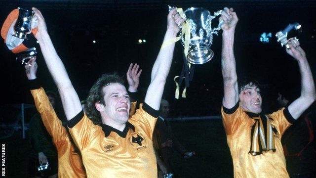 Wolverhampton Wanderers players Andy Gray and John Richards celebrate the club winning the League Cup final in 1980