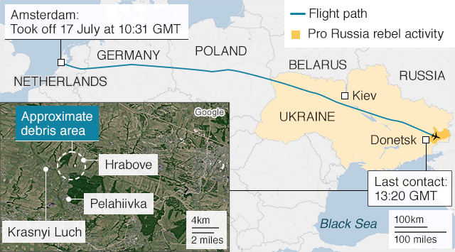 Map showing flight path before crash of MH17