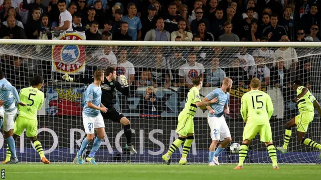 Malmo score their second of the night, with the ball hitting off Dedryck Boyata's leg before crossing the line