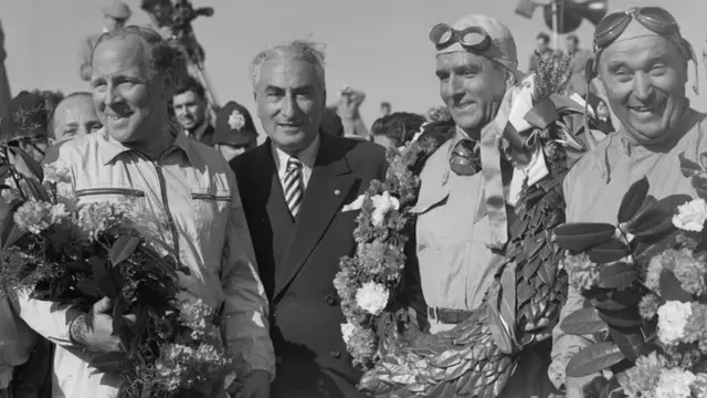 British racing driver Reg Parnell (1911 - 1964), Italian driver Giuseppe Farina (1906 - 1966) and Italian C Fagioli