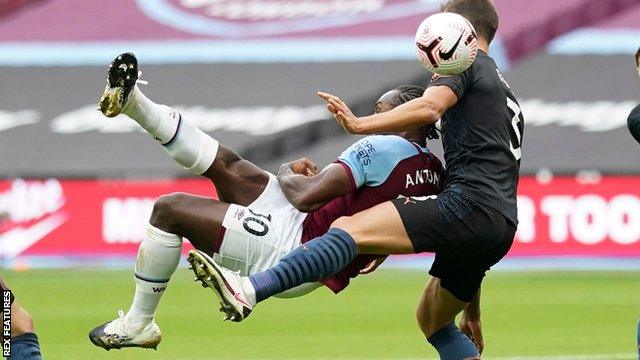 Michail Antonio scores for West Ham against Manchester City in the Premier League