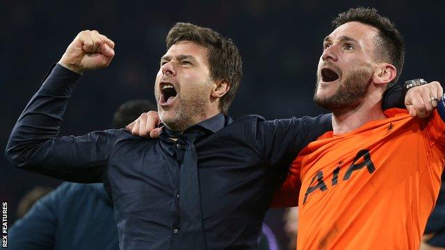 Pochettino celebrates with Spurs keeper Hugo Lloris after beating Ajax