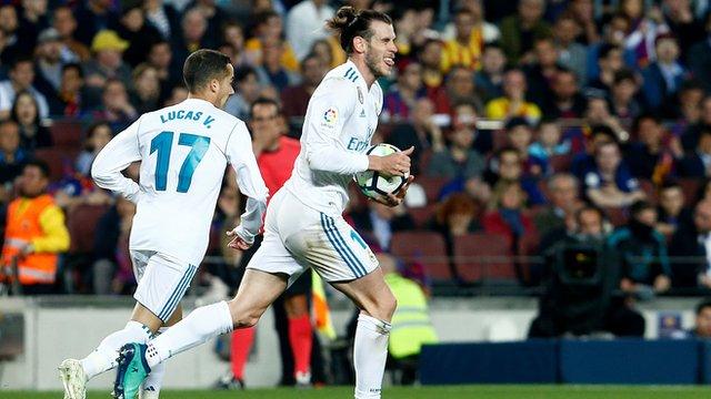 Real Madrid's Gareth Bale celebrates scoring a goal against Barcelona