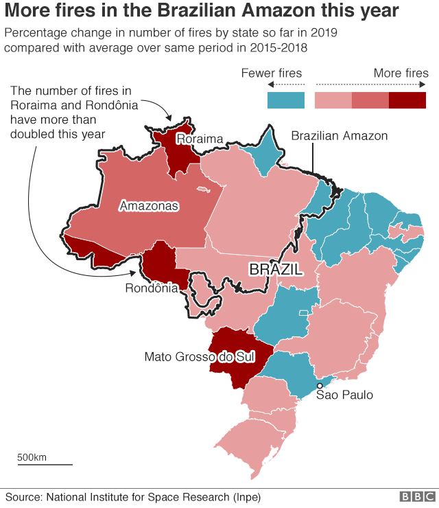 Percentage change in number of fires by state in Brazil so far