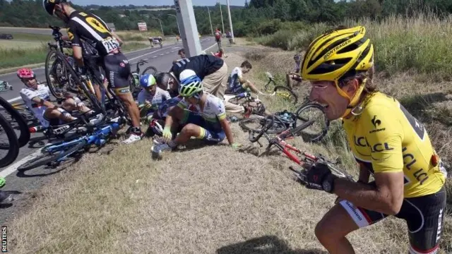 Fabian Cancellara at the site of the crash on stage three