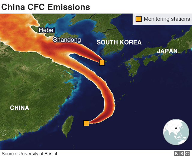 Map showing monitoring stations in Korea and Japan detecting the mystery sources of CFC-11