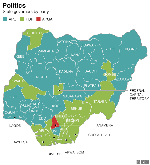 Map showing state governors by party