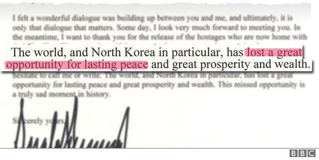 'The world and North Korea in particular has lost a great opportunity for lasting peace and great prosperity and wealth