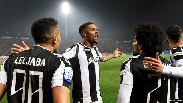 Chuba Akpom celebrates scoring for PAOK against Olympiakos