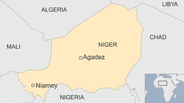 map of Niger showing capital Niamey in south west and Agadez, where the base is, in centre