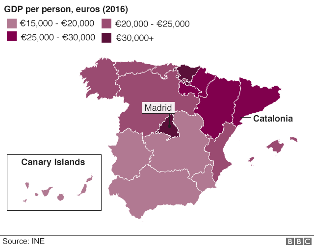 A shaded map of Spain, with wealthier areas coloured in darker. Catalonia is the fourth wealthiest.