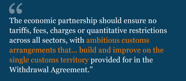 Text from political declaration saying: The economic partnership should ensure no tariffs, fees, charges or quantitative restrictions across all sectors, with ambitious customs arrangements that... build and improve on the single customs territory provided for in the Withdrawal Agreement