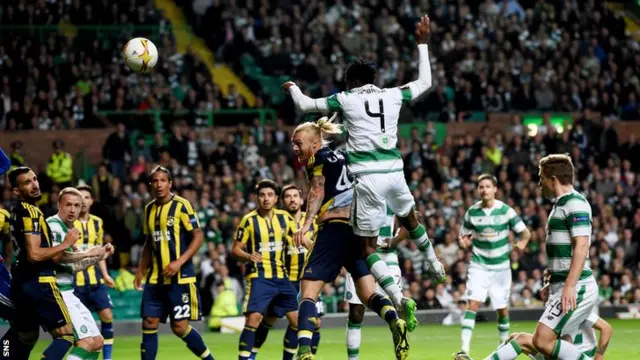 Defender Efe Ambrose tries to make amends at the other end with a header that goes over the bar