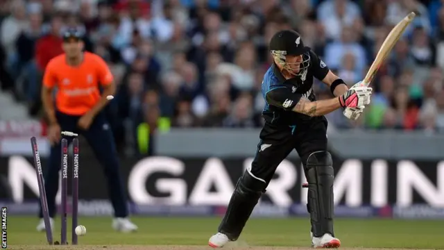 Brendon McCullum is bowled by Mark Wood