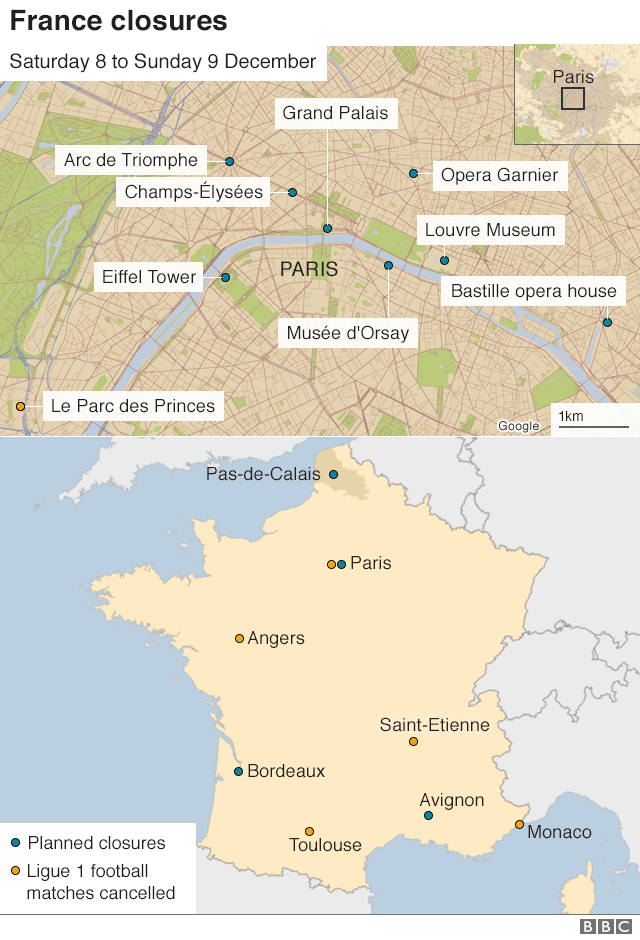 Map of Paris and France, highlighting closures and protest sites on 8 and 9 December