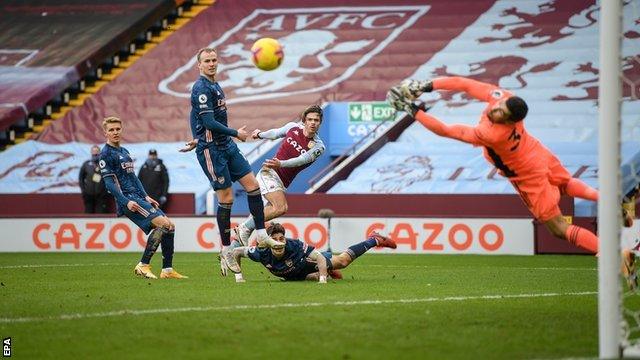 Aston Villa go close to scoring against Arsenal in the Premier League