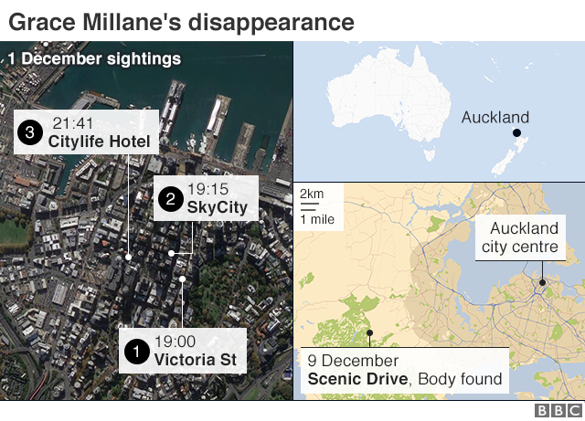 Map showing Grace Millane's last known movements