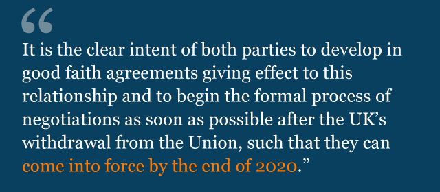 Text from political declaration saying: It is the clear intent of both parties to develop in good faith agreements giving effect to this relationship and to begin the formal process of negotiations as soon as possible after the United Kingdom's withdrawal from the Union, such that they can come into force by the end of 2020.