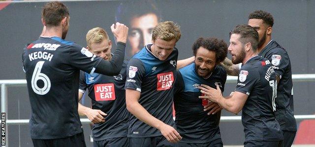 Derby celebrate Ikechi Anya's goal against Bristol City