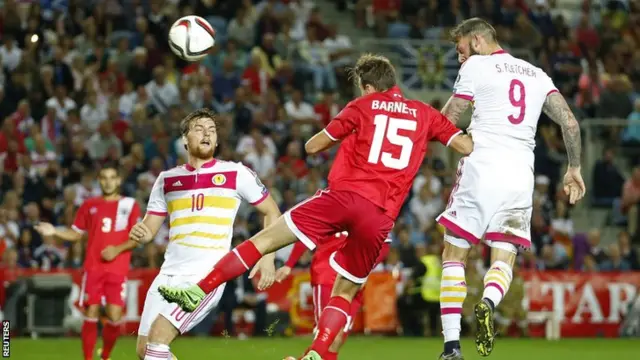 After coming close to a goal in the first half, Steven Fletcher heads in Scotland's third in Faro