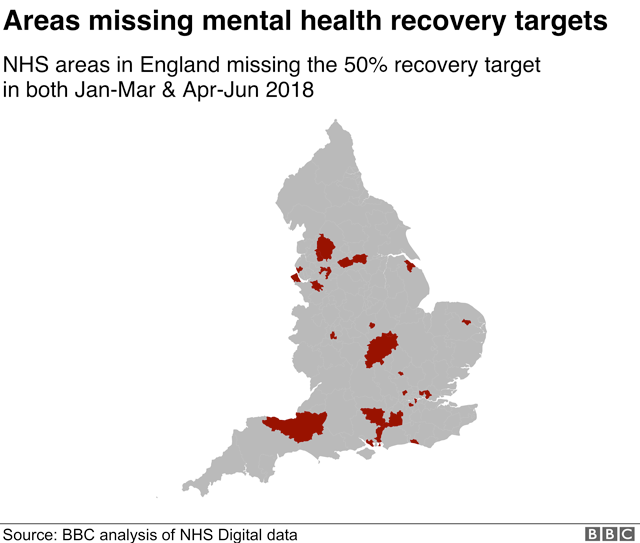 Map of areas missing health recovery targets in England