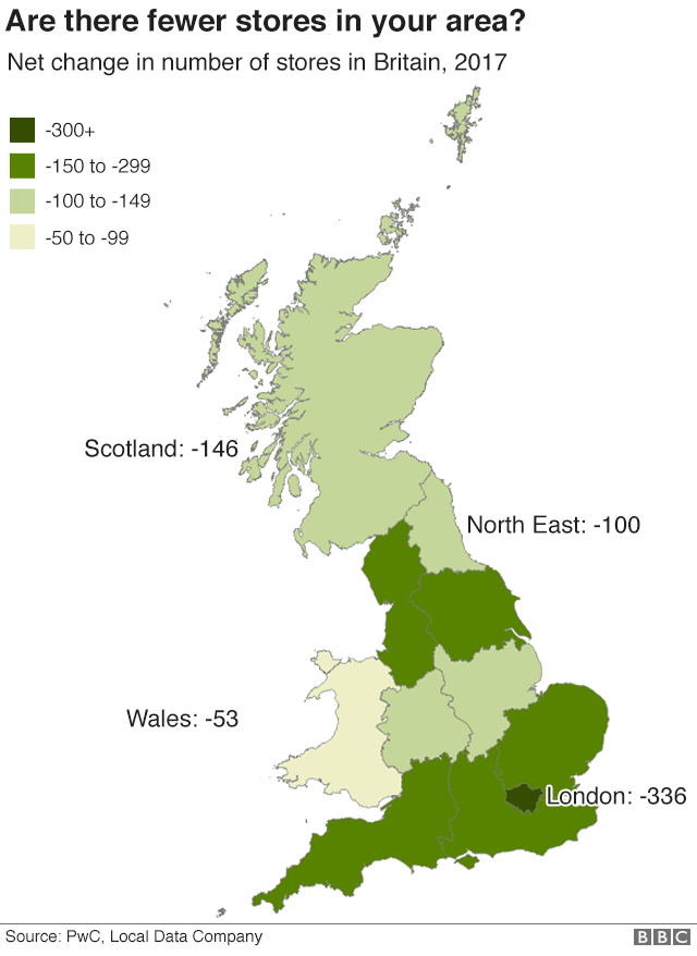 Map showing store closures across Great Britain in 2017.