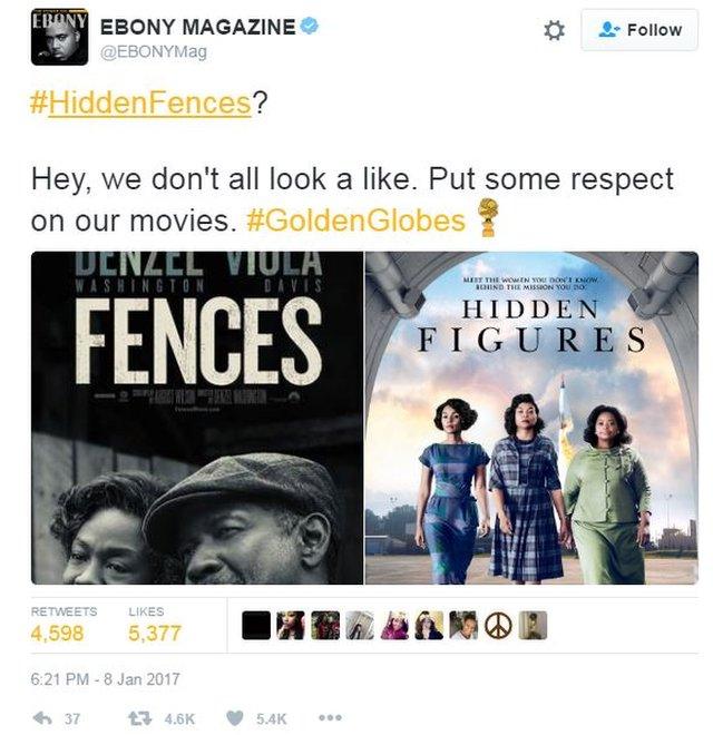 The black culture magazine Ebony tweeted disapprovingly after the Hidden Figures / Fences gaffe